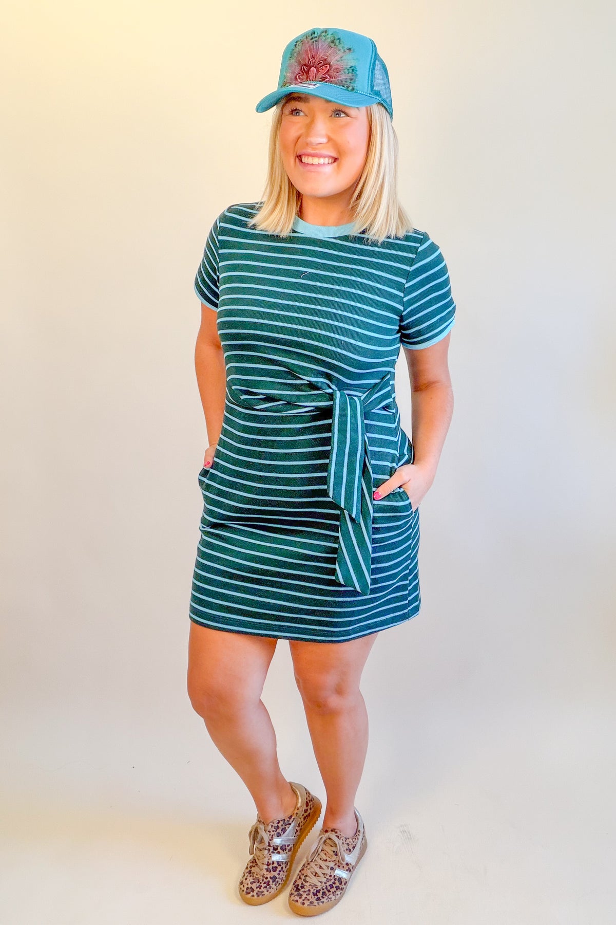 Carpool Cutie Striped Dress in Teal/Green