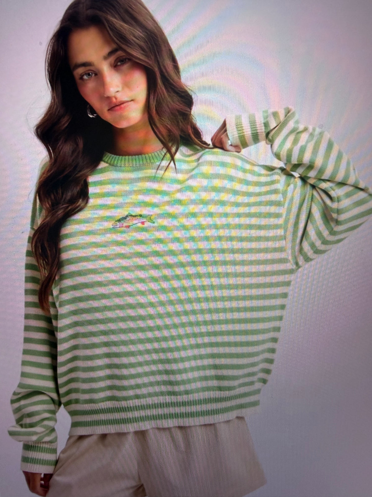 Rainbow Trout Embroidered Striped Fish Knit Sweater in Pistachio/Cream