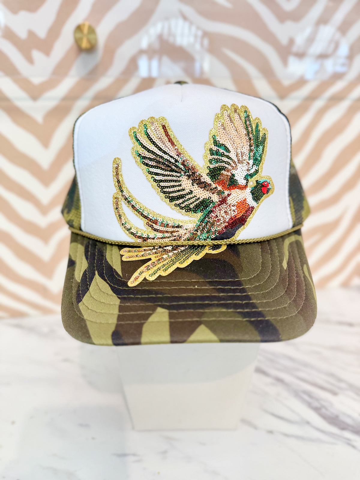 Sequin Mallard Trucker Hat in Camo/White
