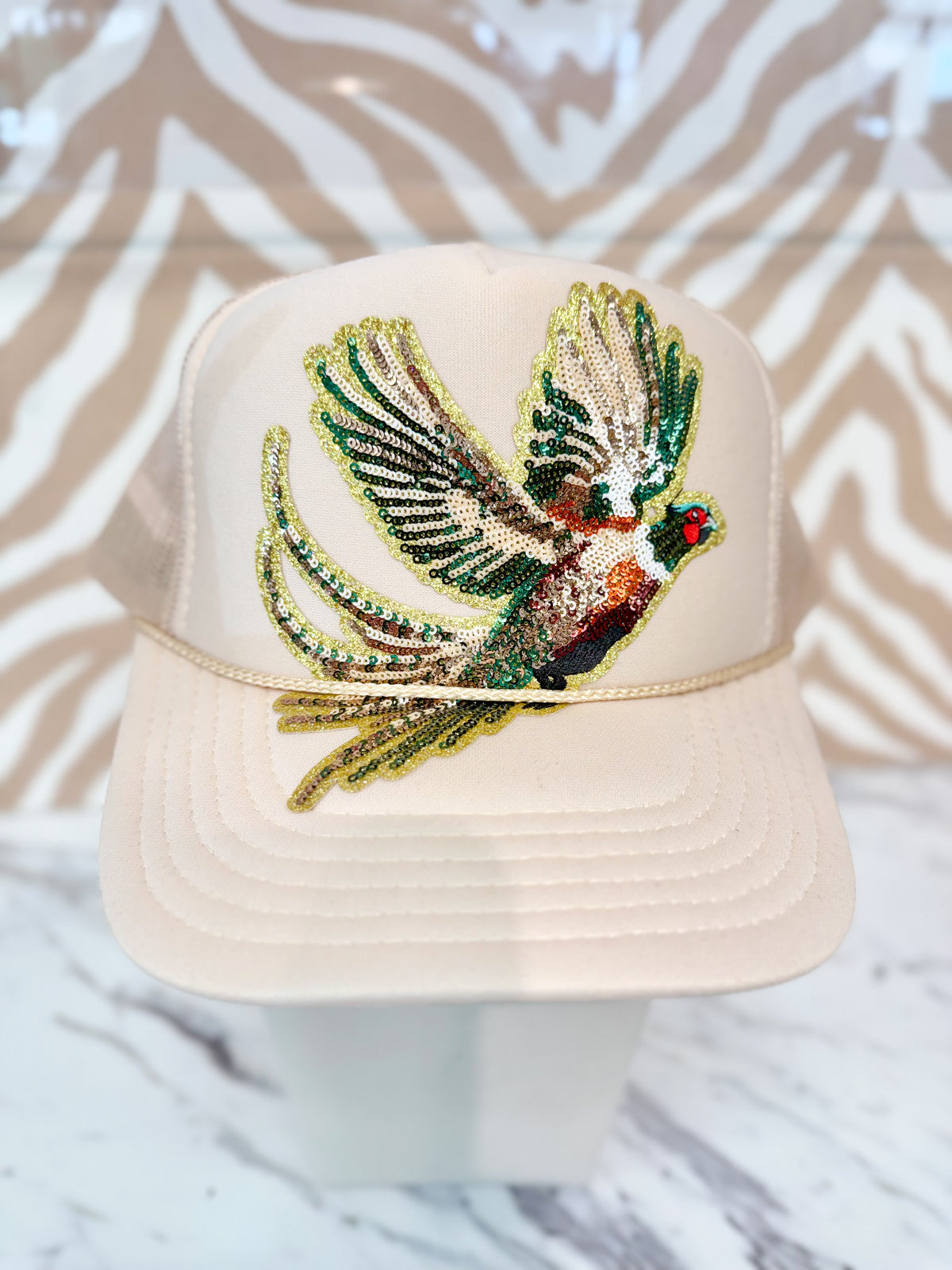 Sequin Mallard Trucker Hat in Tan