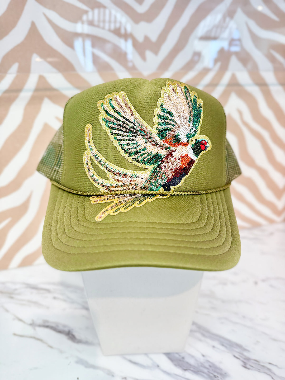 Sequin Mallard Trucker Hat in Olive