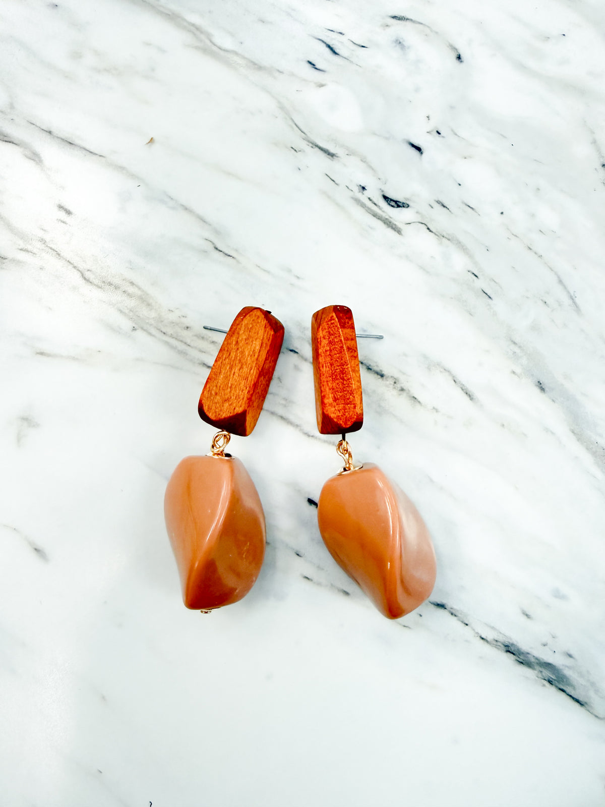 Wood and Stone Drop Earrings in Light Salmon
