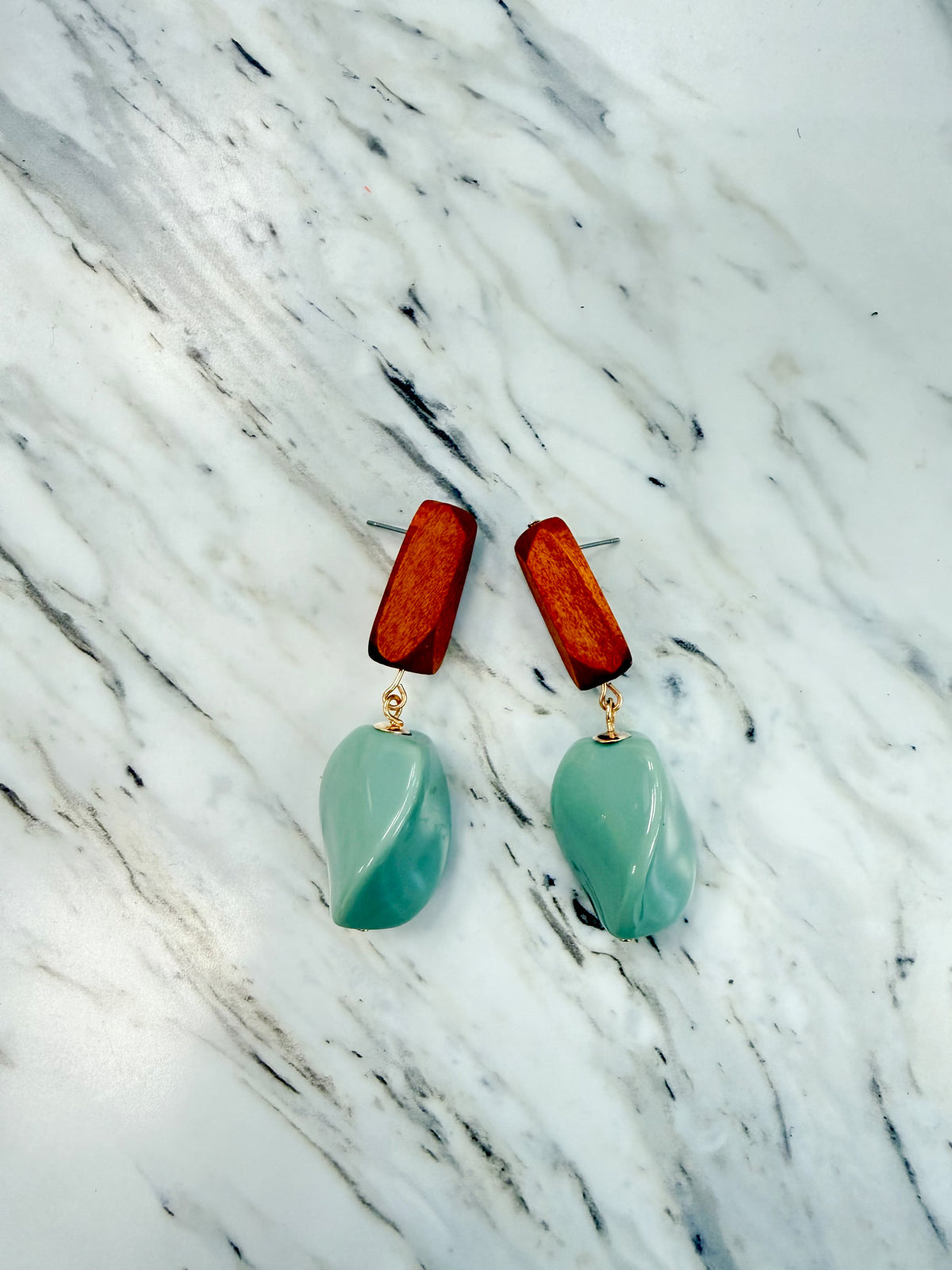 Wood and Stone Drop Earrings in Sage Green