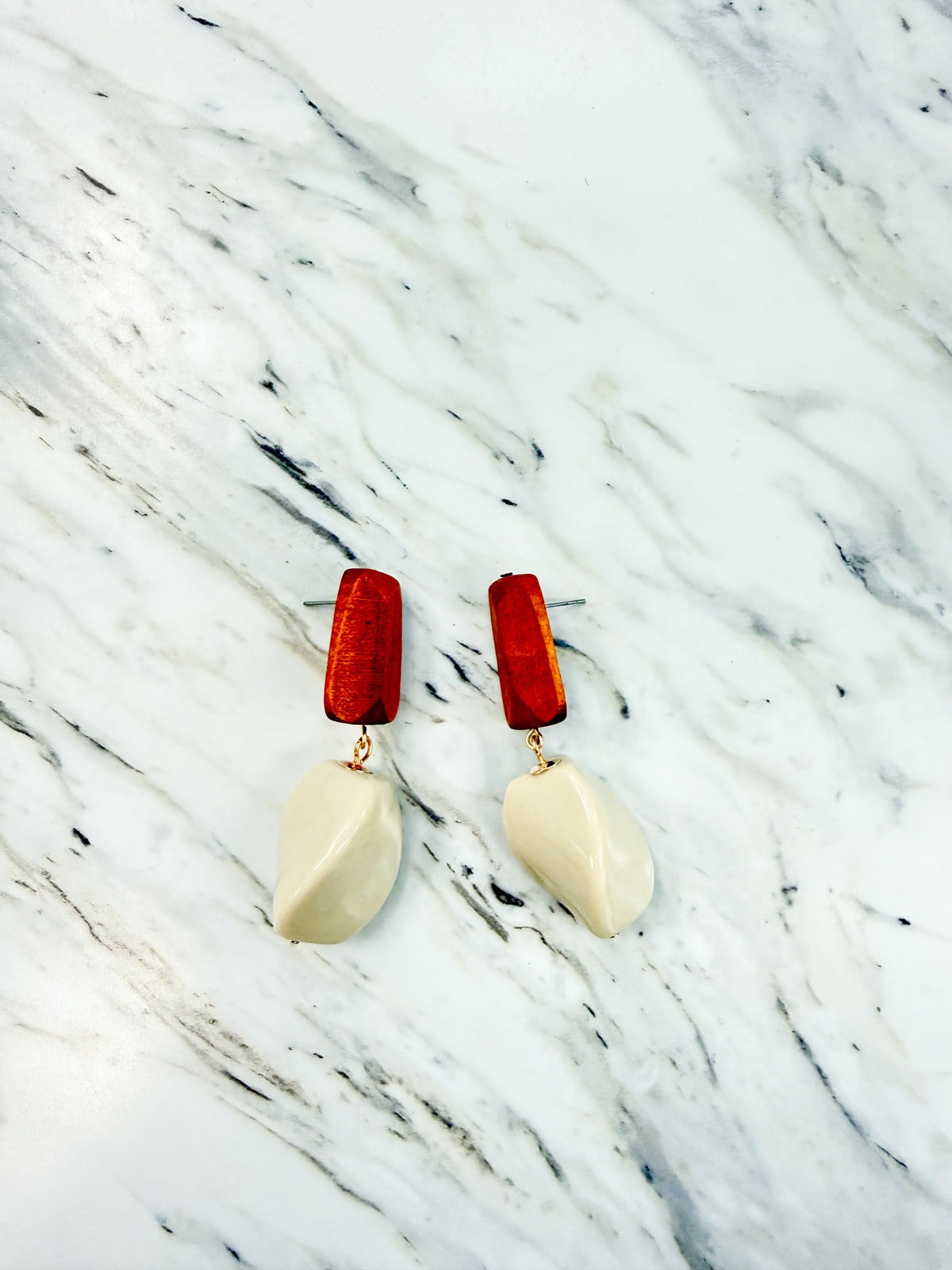 Wood and Stone Drop Earrings in Cream