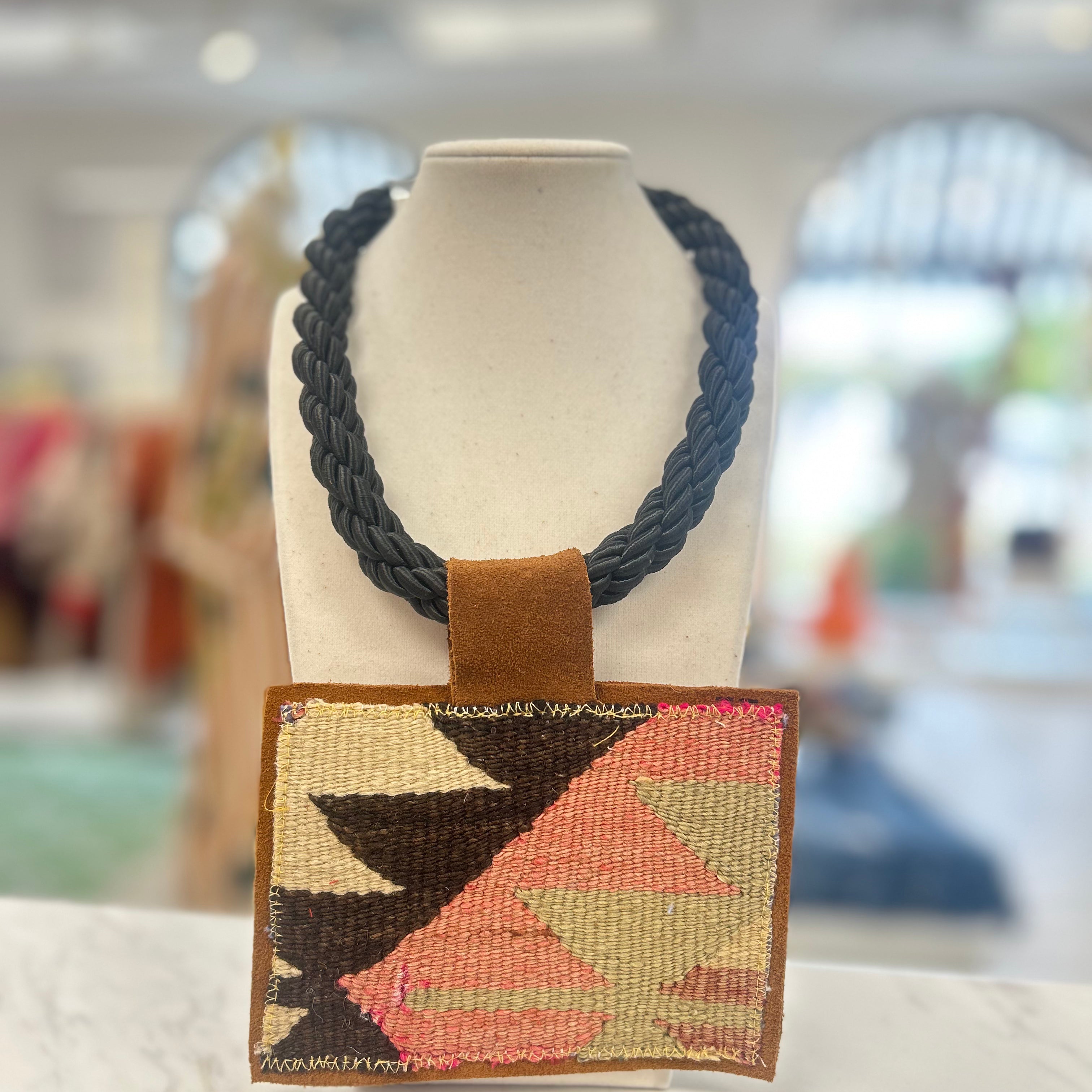 ORIJINAL Black Rope Pendant Necklace - Pink/Brown/Green Patch