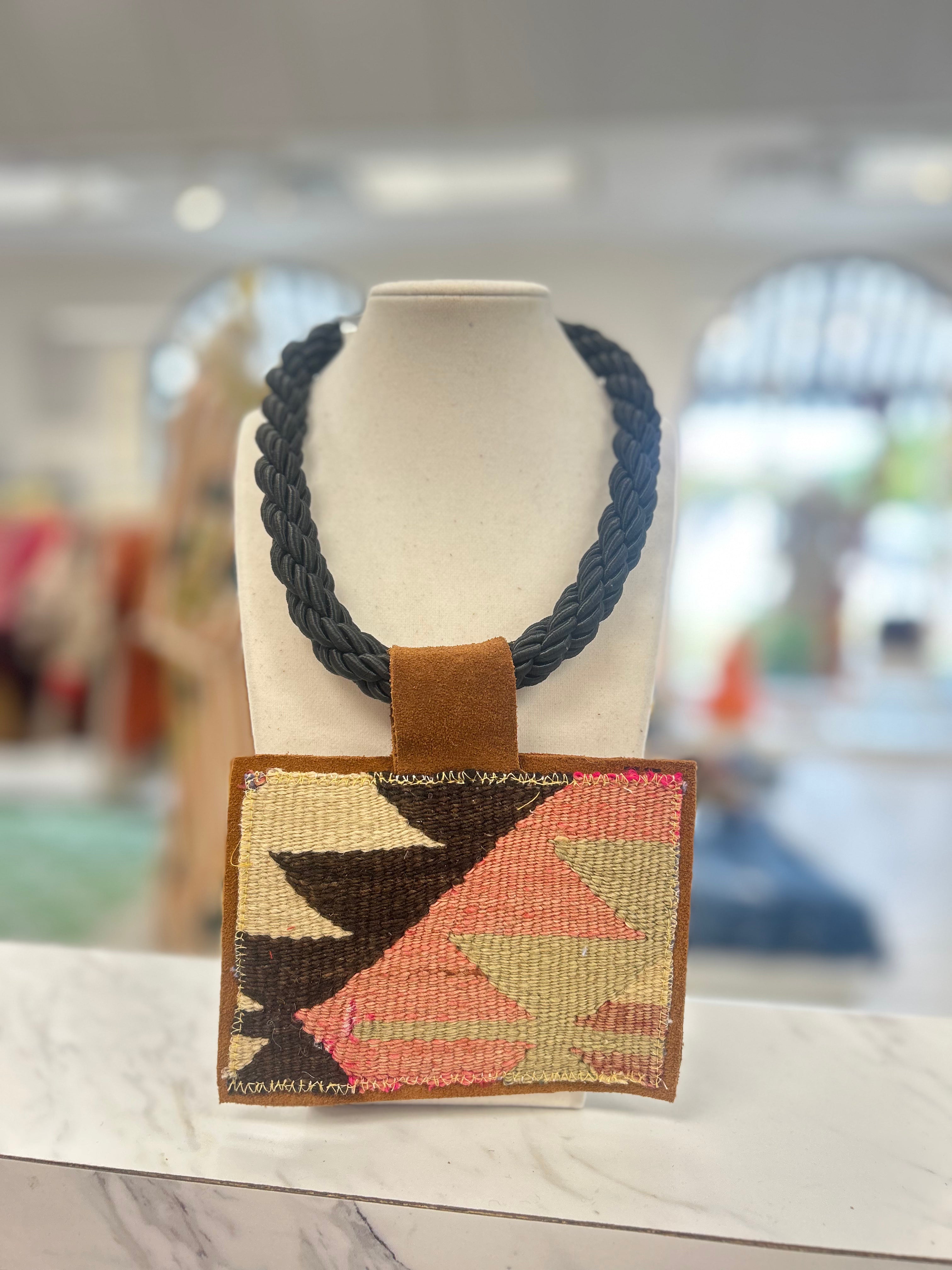 ORIJINAL Black Rope Pendant Necklace - Pink/Brown/Green Patch