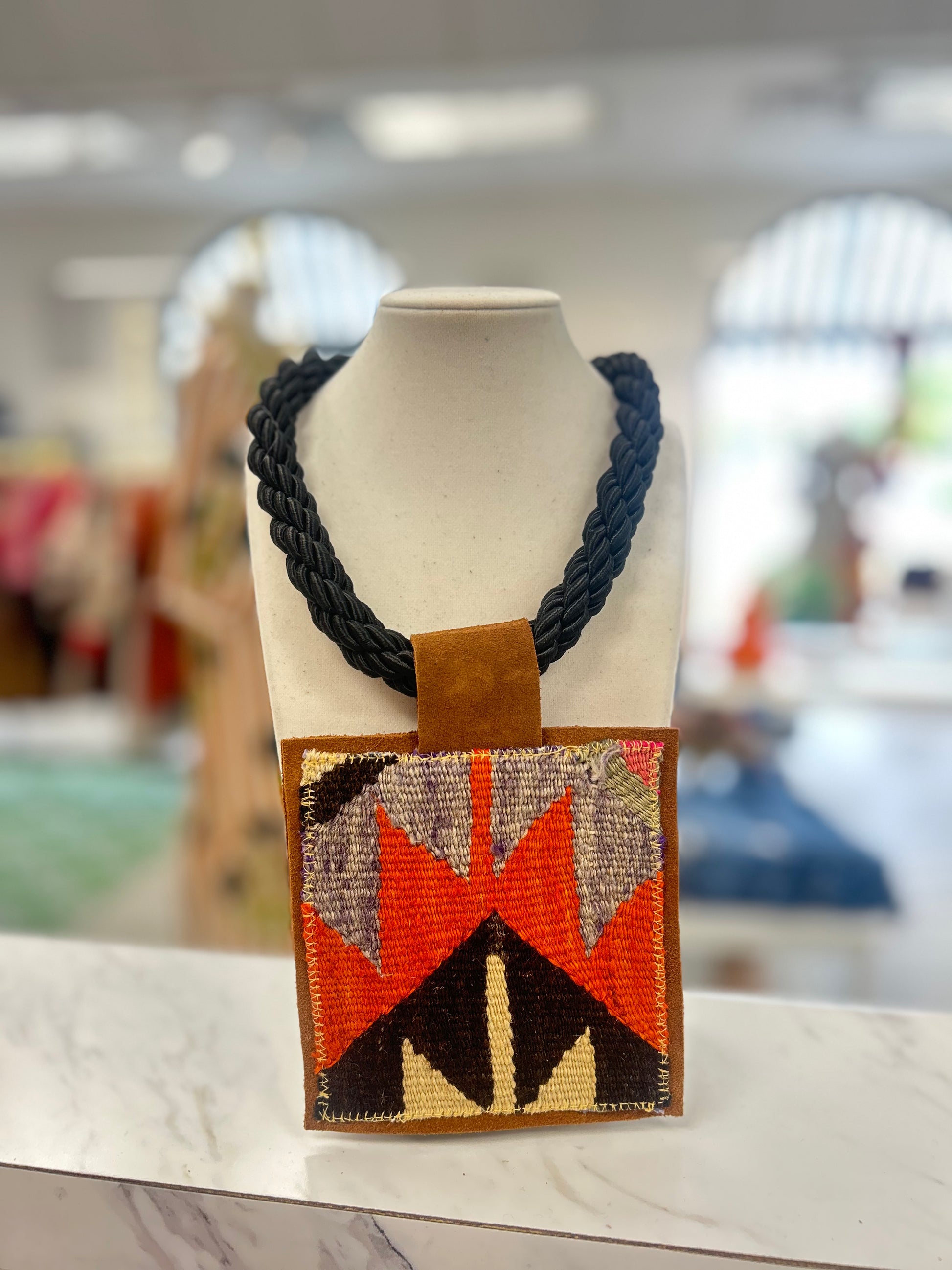 ORIJINAL Black Rope Pendant Necklace - Orange/Brown Patch