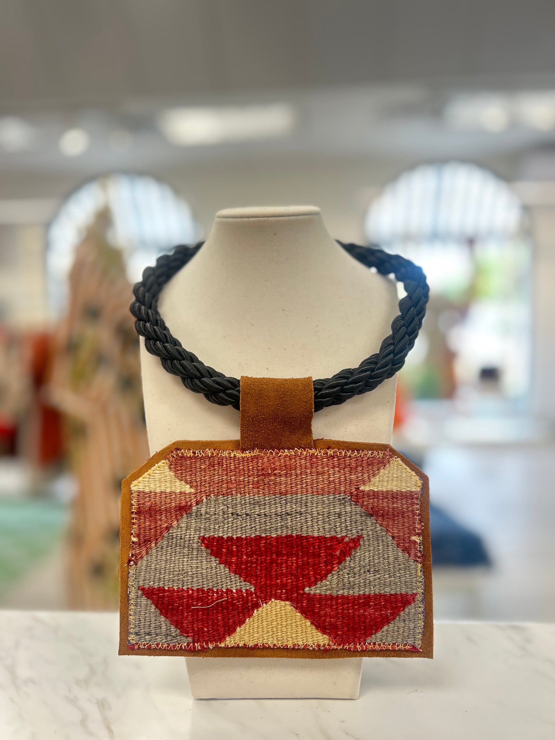 ORIJINAL Black Rope Pendant Necklace - Red/Cream Patch