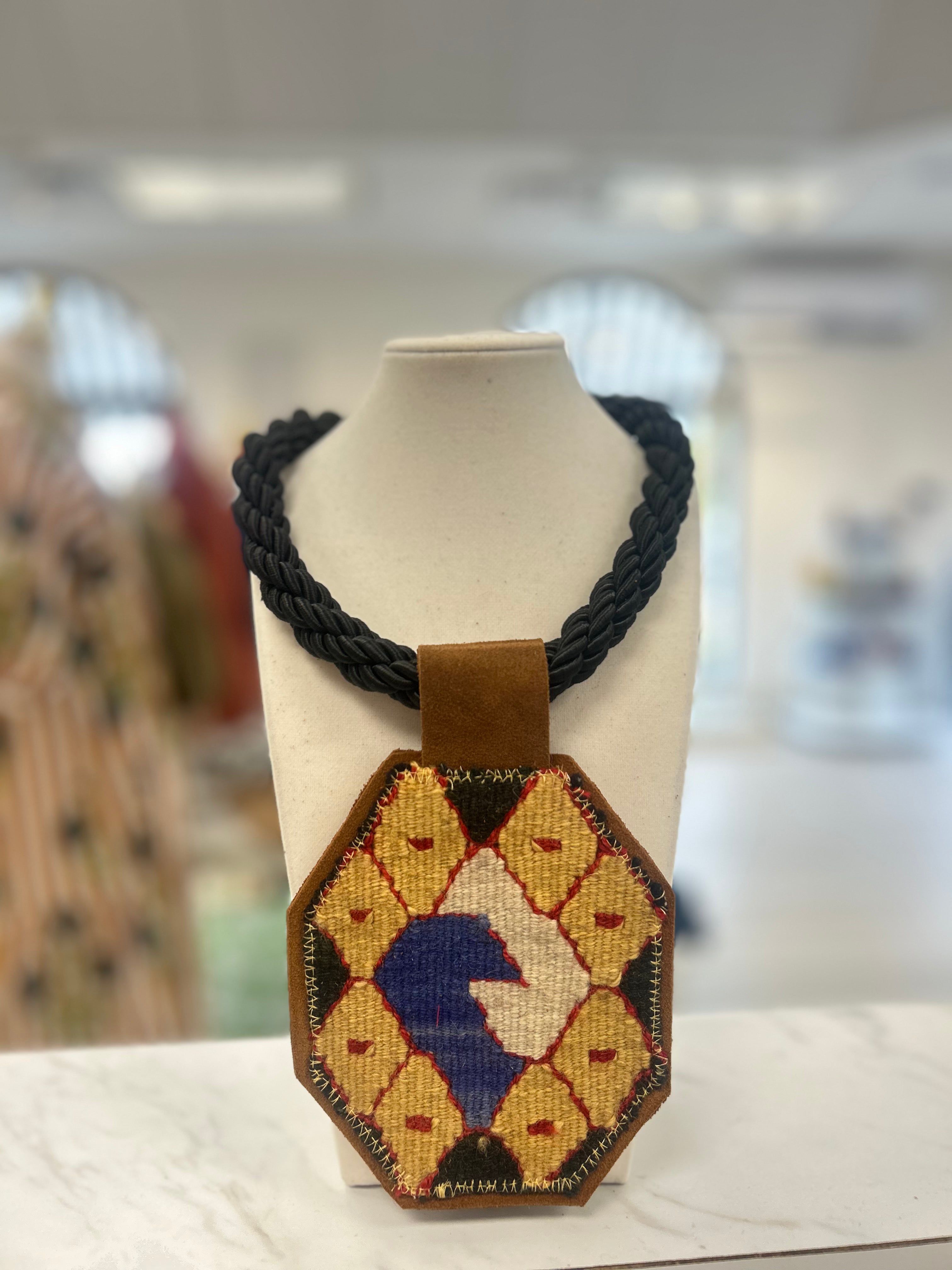 ORIJINAL Black Rope Pendant Necklace - Yellow/Blue/Cream Patch