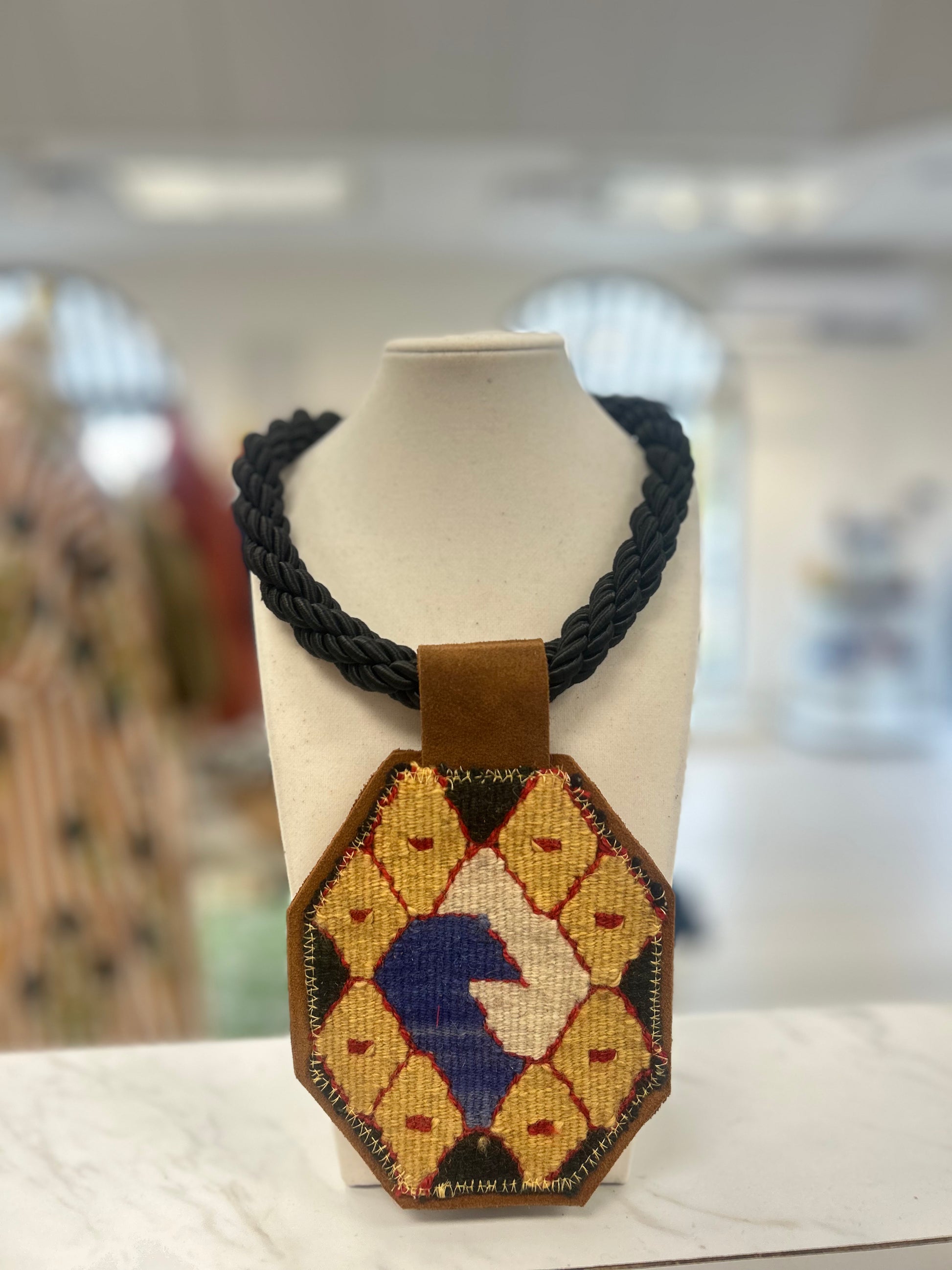 ORIJINAL Black Rope Pendant Necklace - Yellow/Blue/Cream Patch
