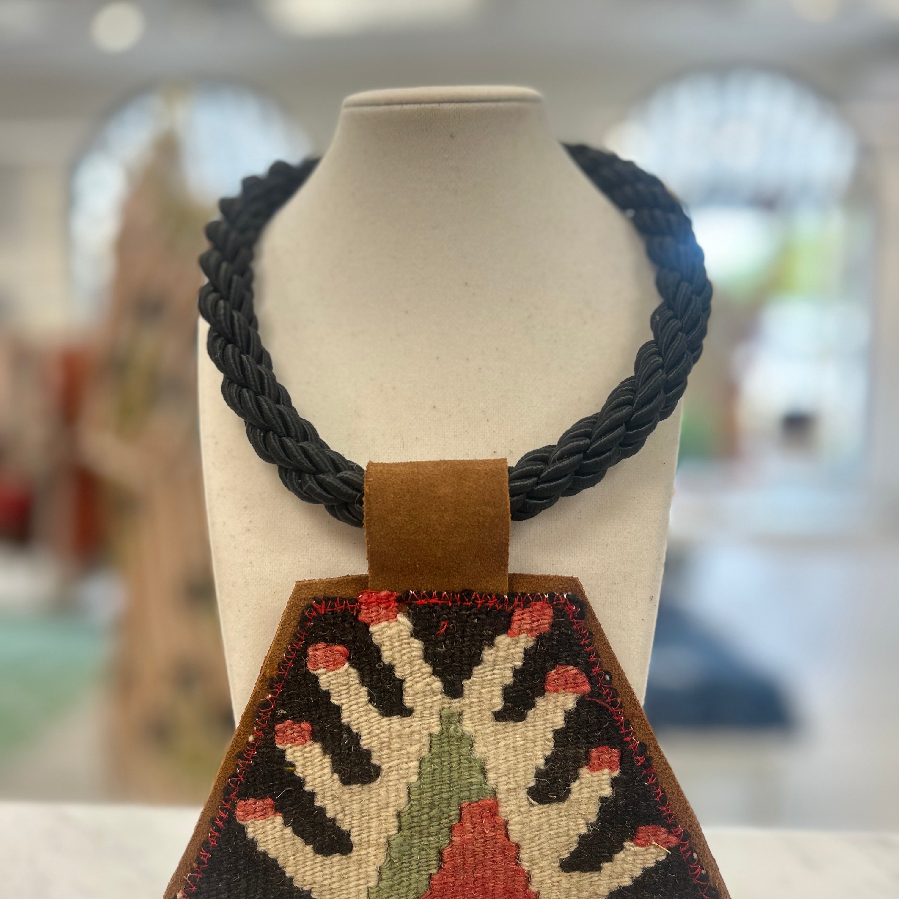 ORIJINAL Black Rope Pendant Necklace - Brown/Red/Green Patch