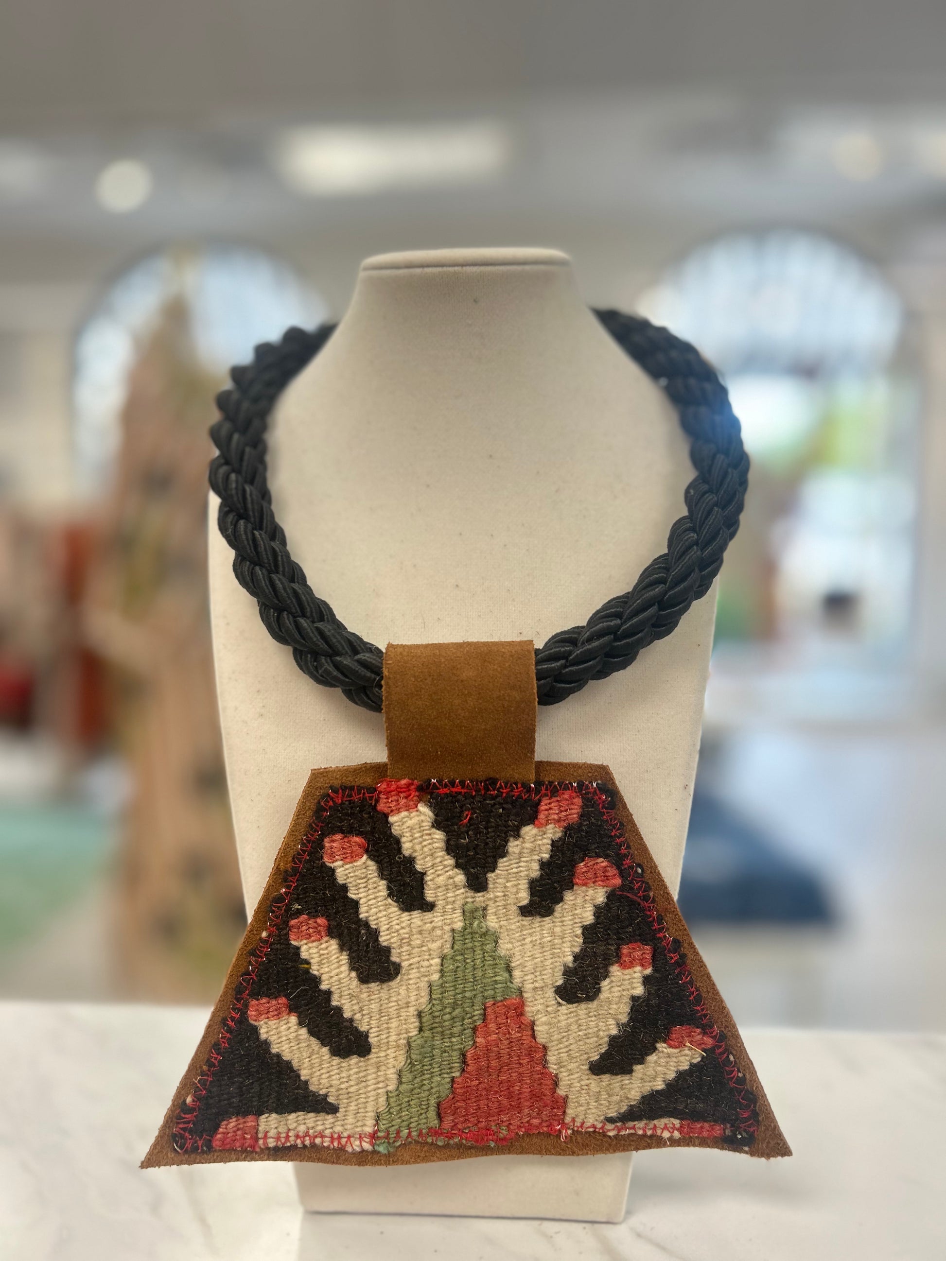 ORIJINAL Black Rope Pendant Necklace - Brown/Red/Green Patch