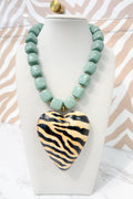 Beaded Large Zebra Heart Pendant Necklace in Teal