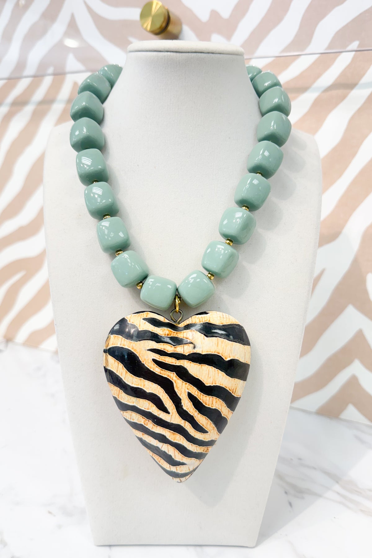 Beaded Large Zebra Heart Pendant Necklace in Teal