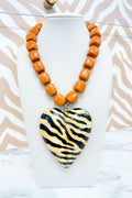 Beaded Large Zebra Heart Pendant Necklace in Rust