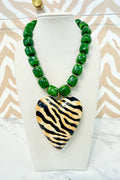 Marble Beaded Large Zebra Heart Pendant Necklace in Green
