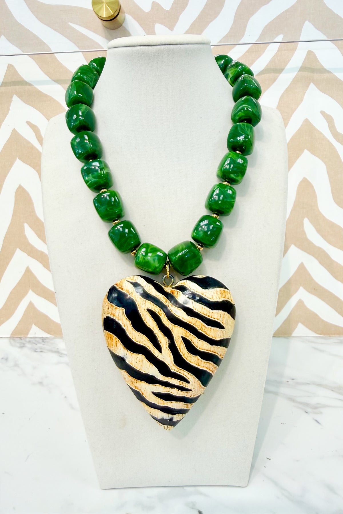 Marble Beaded Large Zebra Heart Pendant Necklace in Green