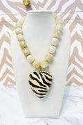 Marble Beaded Medium Zebra Heart Pendant Necklace in Cream