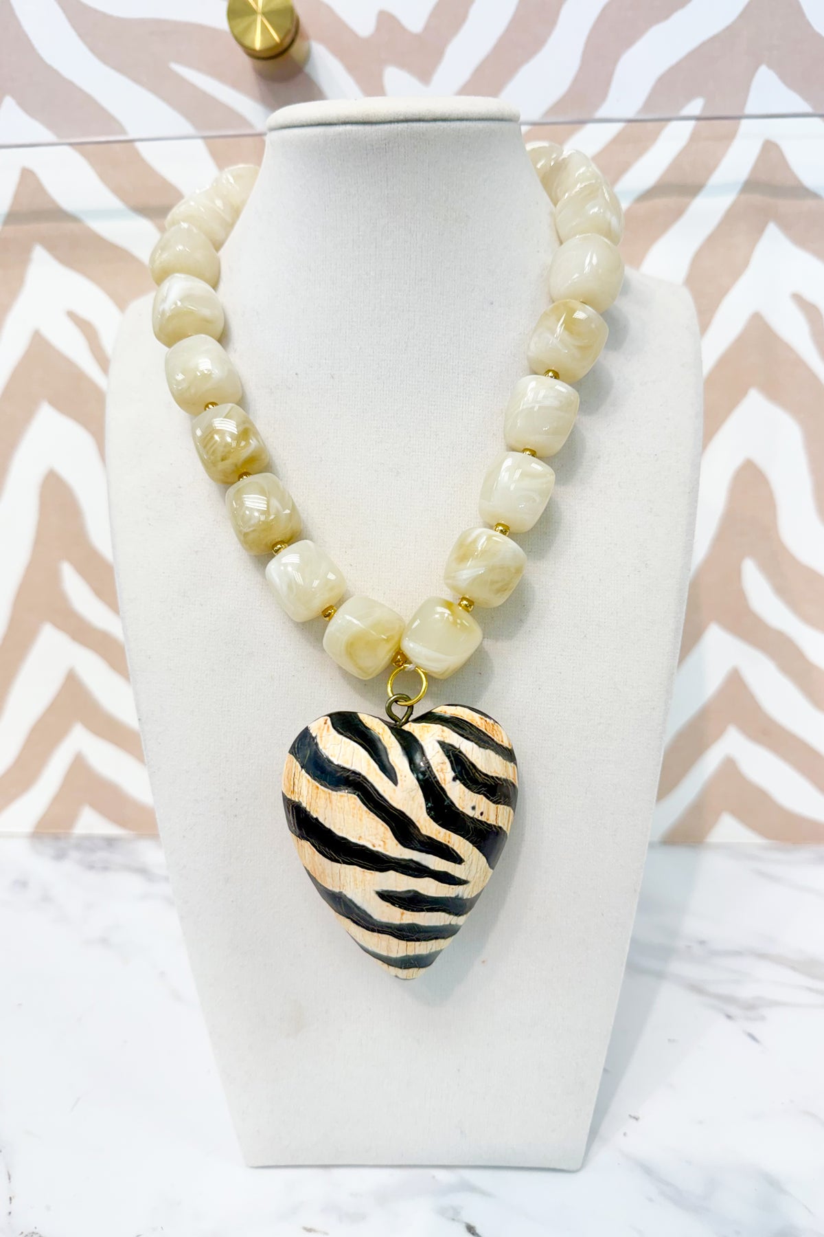 Marble Beaded Medium Zebra Heart Pendant Necklace in Cream