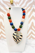 Marble Beaded Medium Zebra Heart Pendant Necklace in Fall Multicolor