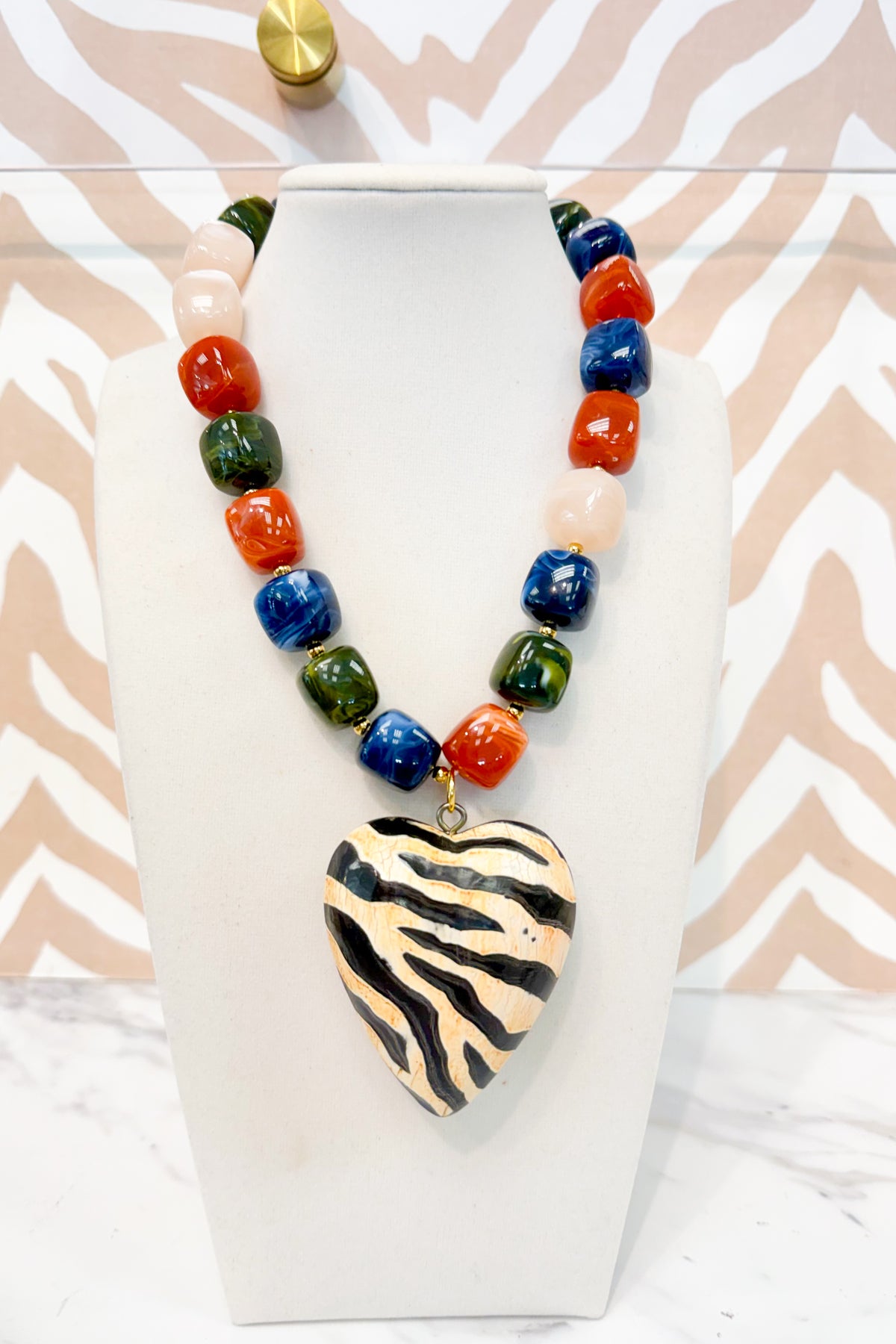 Marble Beaded Medium Zebra Heart Pendant Necklace in Fall Multicolor