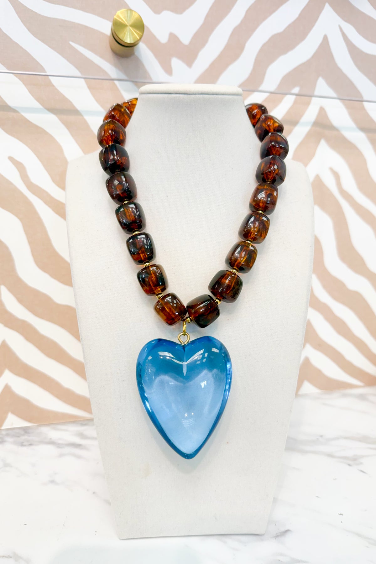 Marble Beaded Large Heart Pendant Necklace in Brown/Blue