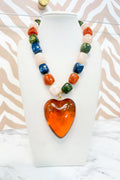 Marble Beaded Large Heart Pendant Necklace in Multicolor/Brown