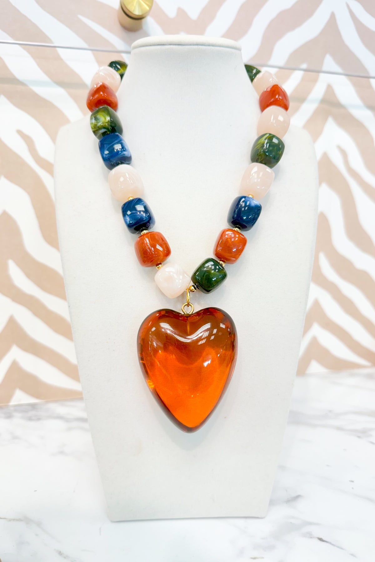 Marble Beaded Large Heart Pendant Necklace in Multicolor/Brown