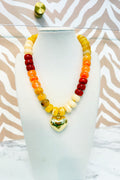 Marble Beaded Small Gold Heart Pendant Necklace in Autumn Multicolor