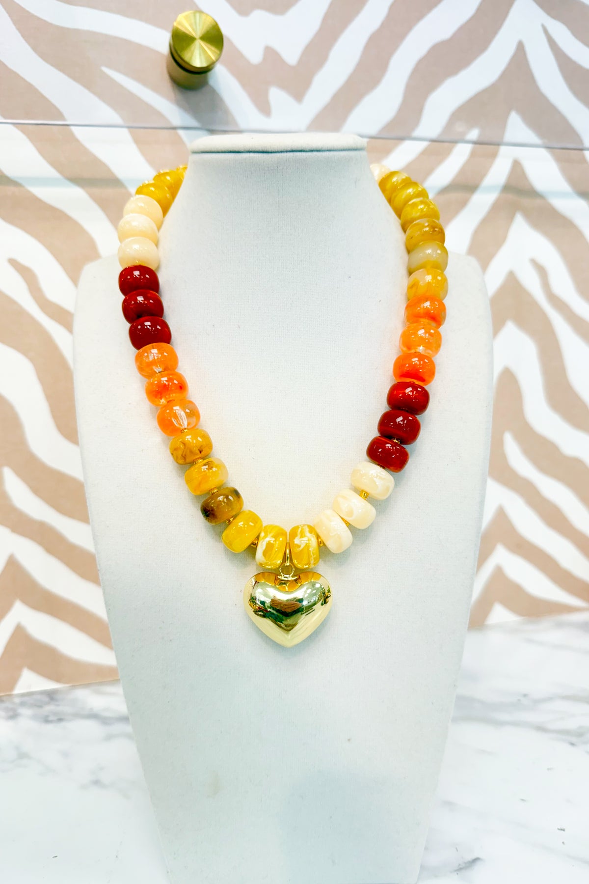Marble Beaded Small Gold Heart Pendant Necklace in Autumn Multicolor