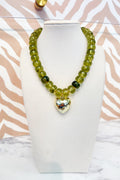 Marble Beaded Small Gold Heart Pendant Necklace in Olive