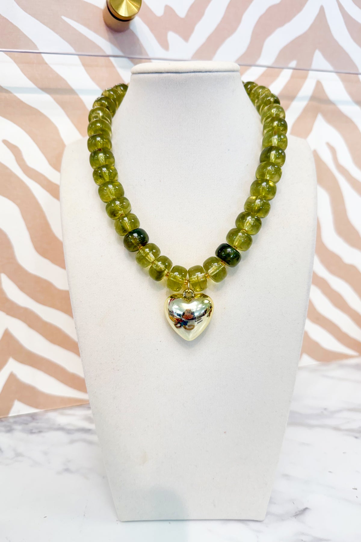 Marble Beaded Small Gold Heart Pendant Necklace in Olive