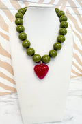Beaded Small Heart Pendant in Olive/Ruby