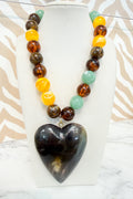 Marble Beaded Large Heart Pendant Necklace in Multicolor/Black