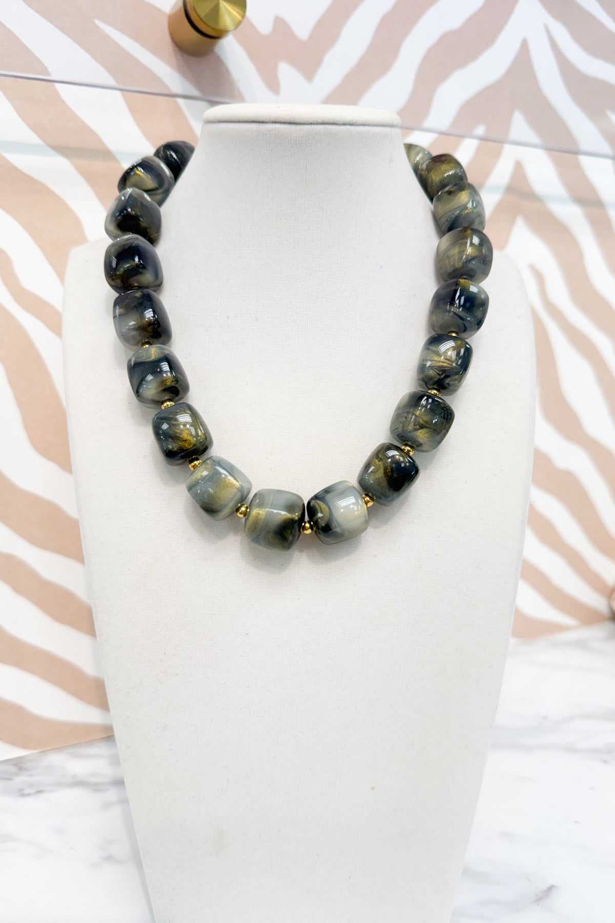 Square Marble Beaded Necklace in Smoke