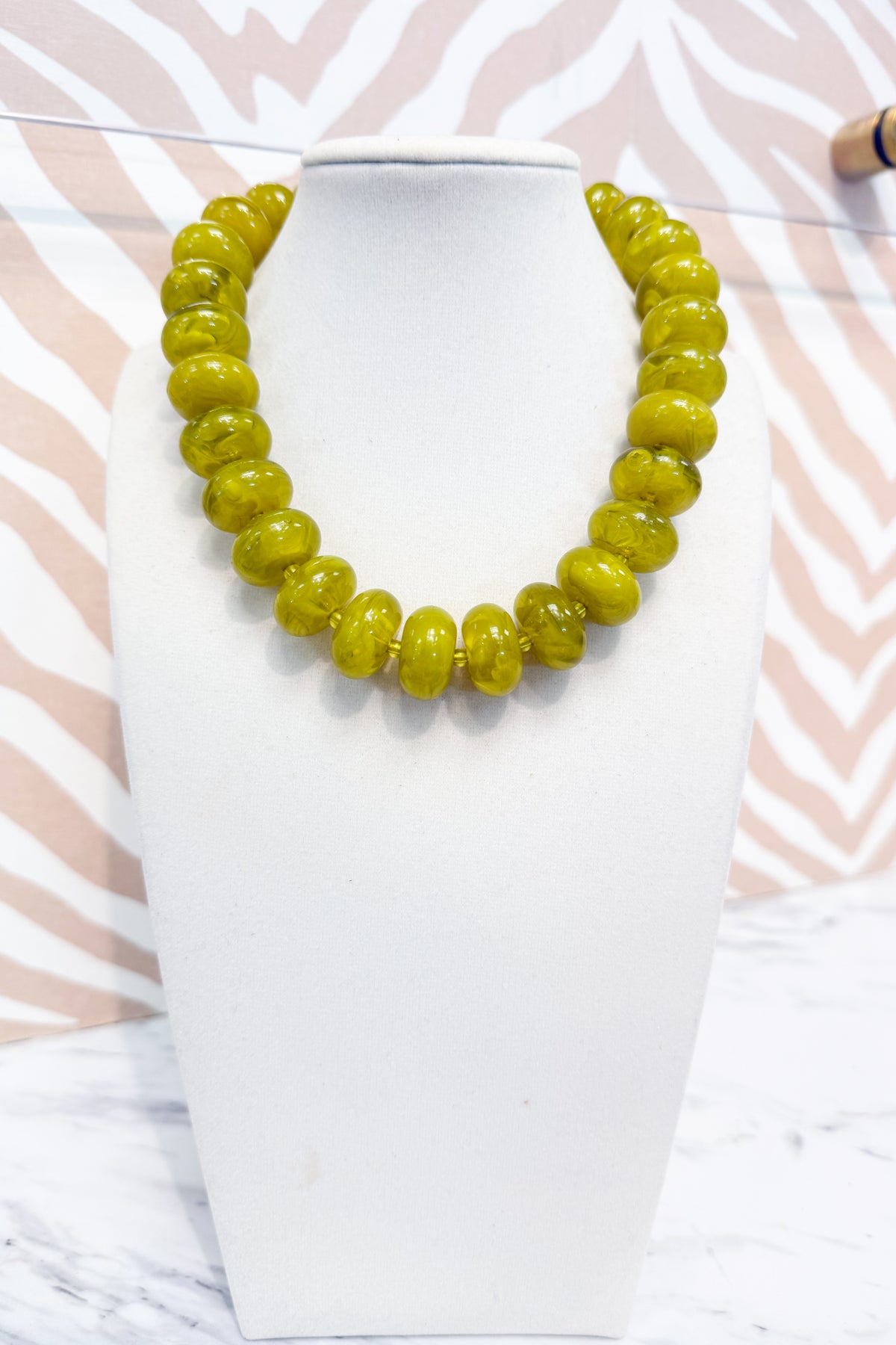 Round Marble Beaded Necklace in Olive