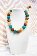 Circle Marble Beaded Necklace in Neutral/Turquoise