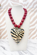 Beaded Large Zebra Heart Pendant Necklace in Wine