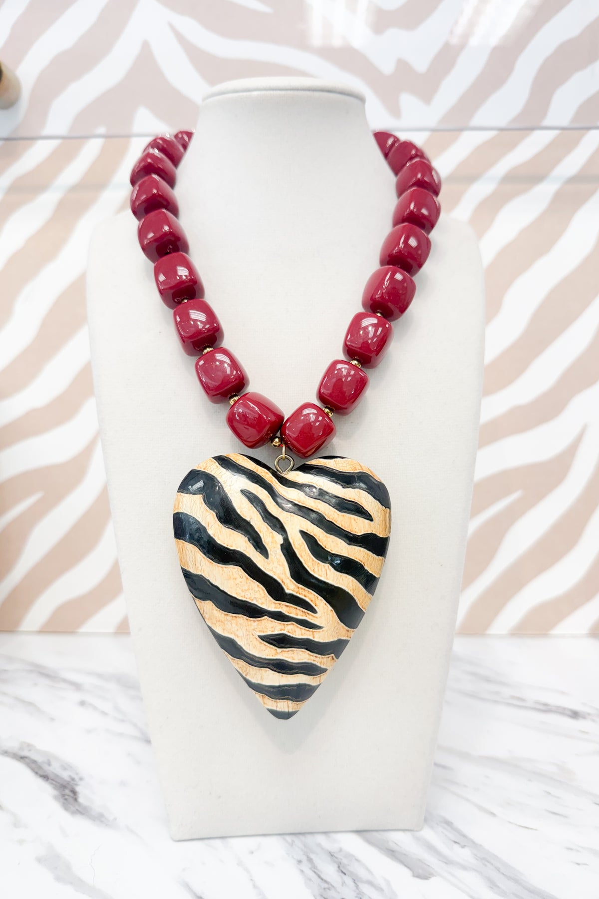 Beaded Large Zebra Heart Pendant Necklace in Wine
