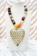 Beaded Large Circle Pattern Heart Pendant Necklace in Fall Multicolor