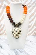 Round Beaded Medium Checkered Heart Pendant Necklace in Pumpkin Multicolor