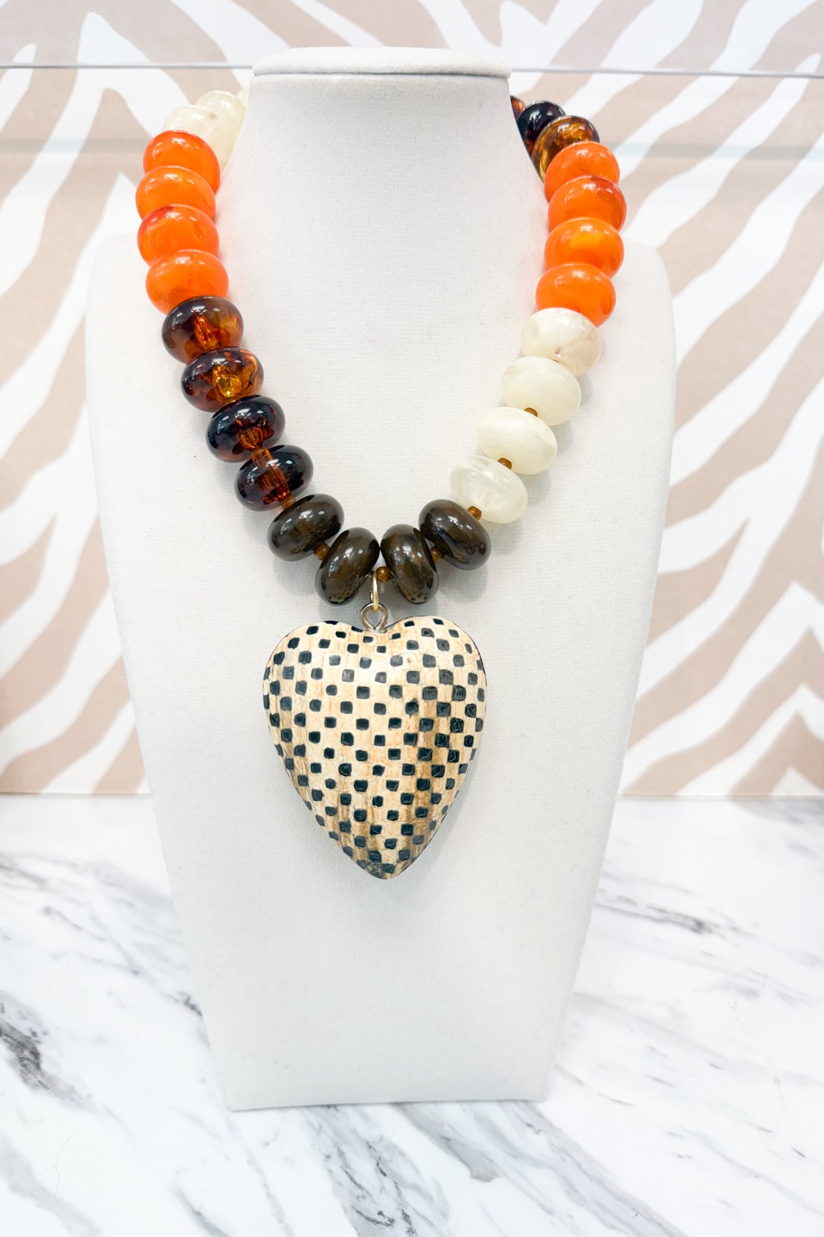 Round Beaded Medium Checkered Heart Pendant Necklace in Pumpkin Multicolor