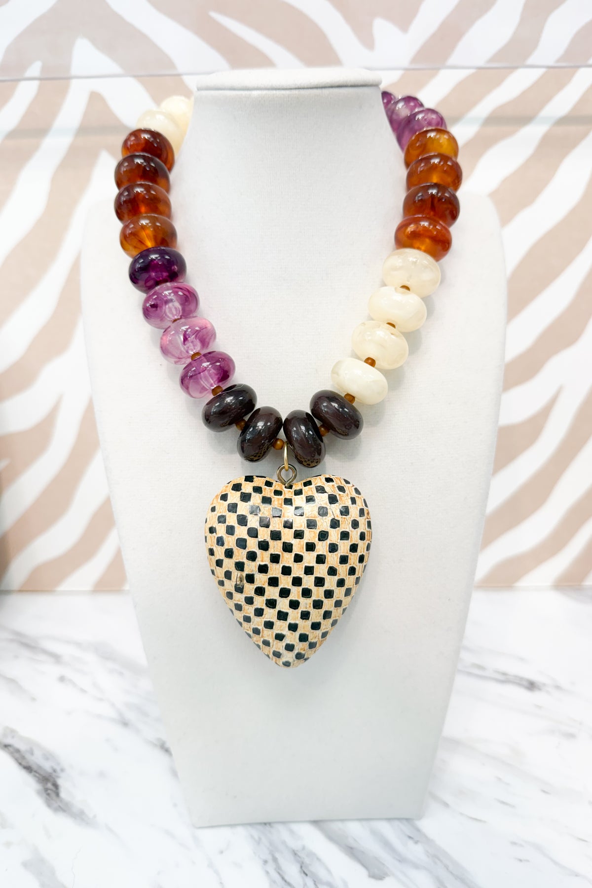 Round Beaded Medium Checkered Heart Pendant Necklace in Plum Mix
