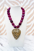 Beaded Medium Cheetah Heart Pendant Necklace in Plum