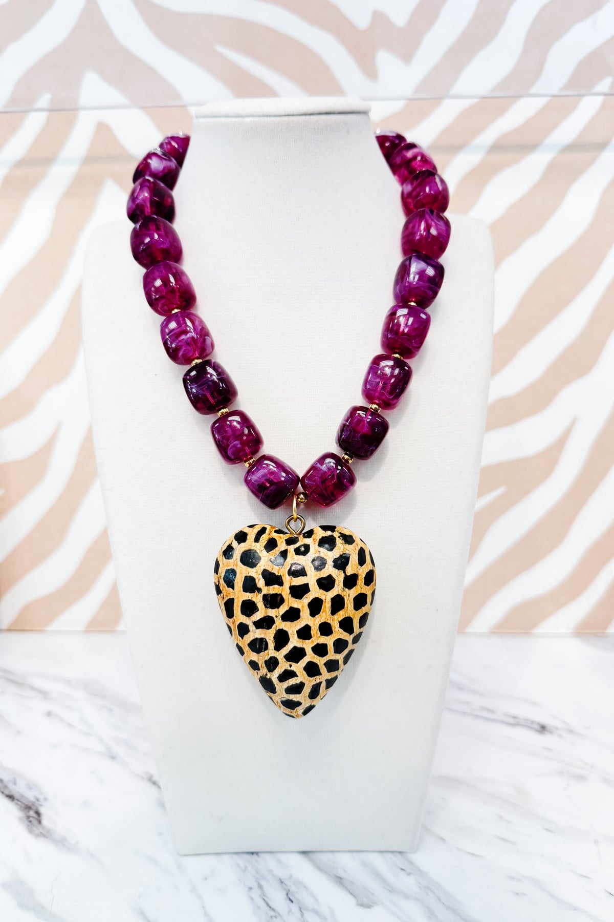 Beaded Medium Cheetah Heart Pendant Necklace in Plum