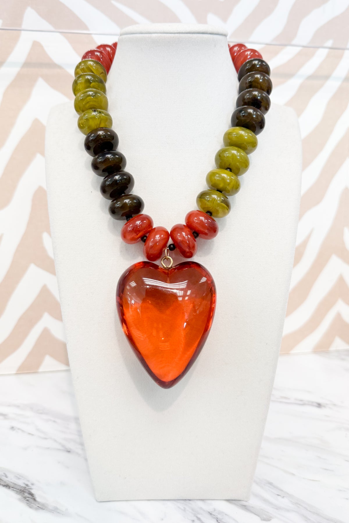 Round Beaded Medium Heart Pendant Necklace in Autumn Mix