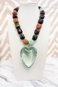 Square Beaded Medium Heart Pendant Necklace in Multicolor