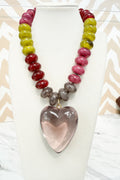 Round Beaded Medium Heart Pendant Necklace in Plum Mix