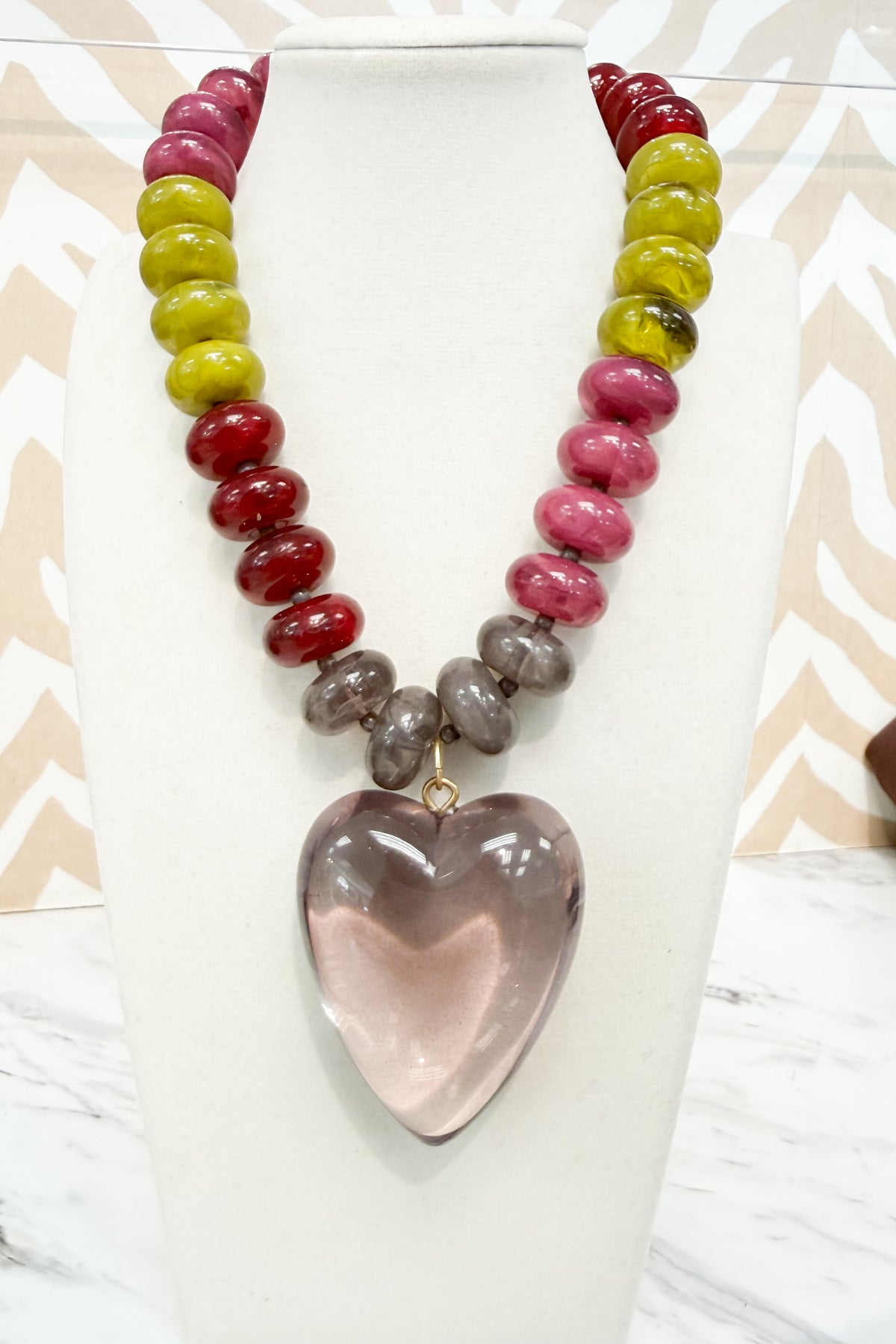 Round Beaded Medium Heart Pendant Necklace in Plum Mix