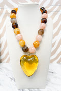 Circle Beaded Medium Heart Pendant Necklace in Fall Sunset